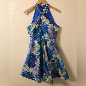 Badgley Mischka Metallic Floral Blue & Purple Halter Mini Dress